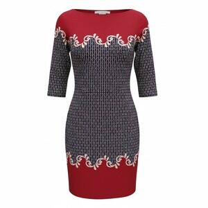Max Studio Women Red Blue Geometric Print Boat Neck 3/4 Sleeve Sheath Dress M